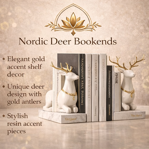 QDihoVd™ Nordic Deer Bookends – Elegant Gold Accent Shelf Decor Set