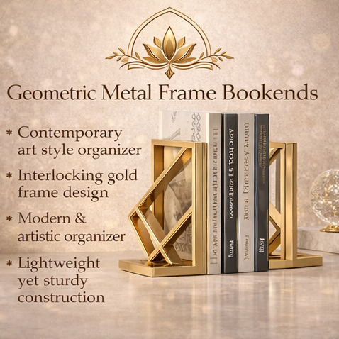 QDihoVd™ Geometric Metal Frame Bookends – Contemporary Art Style Organizer